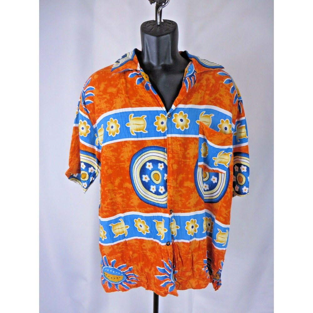 Fun-Wear Hawaiian Shirt Bold Orange Blue Sea Turtles Rayon Size XL